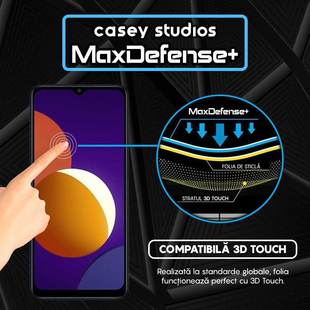 Folie Sticla CASEY STUDIOS™ compatibila cu Samsung Galaxy A32 5G / A12 NACHO / A12 / M12 / A02 / F12 / M02, MaxDefense+, Anti Zgarieturi, Full Glue, Full Cover 3D, Protectie Ecran 3D, Duritate Ridicata, Margini Negre