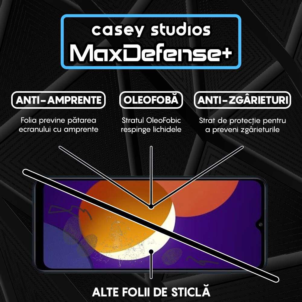 Folie Sticla CASEY STUDIOS™ compatibila cu Samsung Galaxy A32 5G / A12 NACHO / A12 / M12 / A02 / F12 / M02, MaxDefense+, Anti Zgarieturi, Full Glue, Full Cover 3D, Protectie Ecran 3D, Duritate Ridicata, Margini Negre