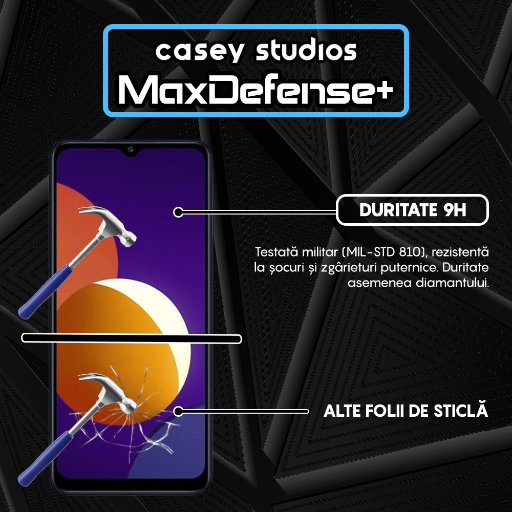 Folie Sticla CASEY STUDIOS™ compatibila cu Samsung Galaxy A32 5G / A12 NACHO / A12 / M12 / A02 / F12 / M02, MaxDefense+, Anti Zgarieturi, Full Glue, Full Cover 3D, Protectie Ecran 3D, Duritate Ridicata, Margini Negre