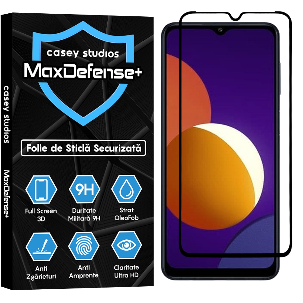 Folie Sticla CASEY STUDIOS™ compatibila cu Samsung Galaxy A32 5G / A12 NACHO / A12 / M12 / A02 / F12 / M02, MaxDefense+, Anti Zgarieturi, Full Glue, Full Cover 3D, Protectie Ecran 3D, Duritate Ridicata, Margini Negre