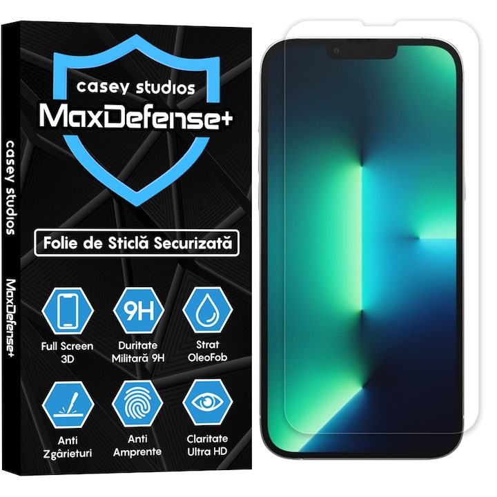 Folie Sticla CASEY STUDIOS™ compatibila cu iPhone 13 Pro Max, MaxDefense+, Anti Zgarieturi, Full Glue, Full Cover 3D, Protectie Ecran 3D, Duritate Ridicata