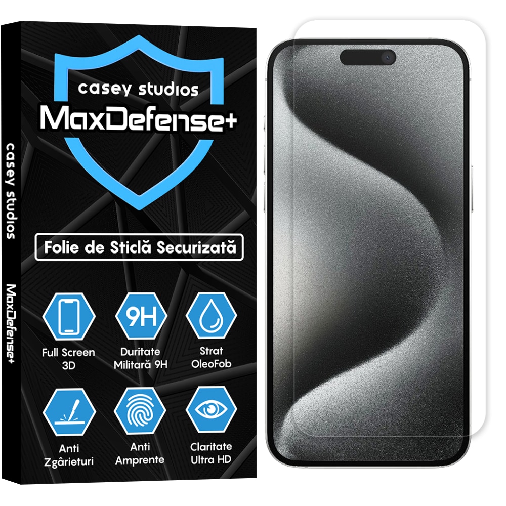 Folie Sticla CASEY STUDIOS™ compatibila cu iPhone 15 Pro Max, MaxDefense+, Anti Zgarieturi, Full Glue, Full Cover 3D, Protectie Ecran 3D, Duritate Ridicata