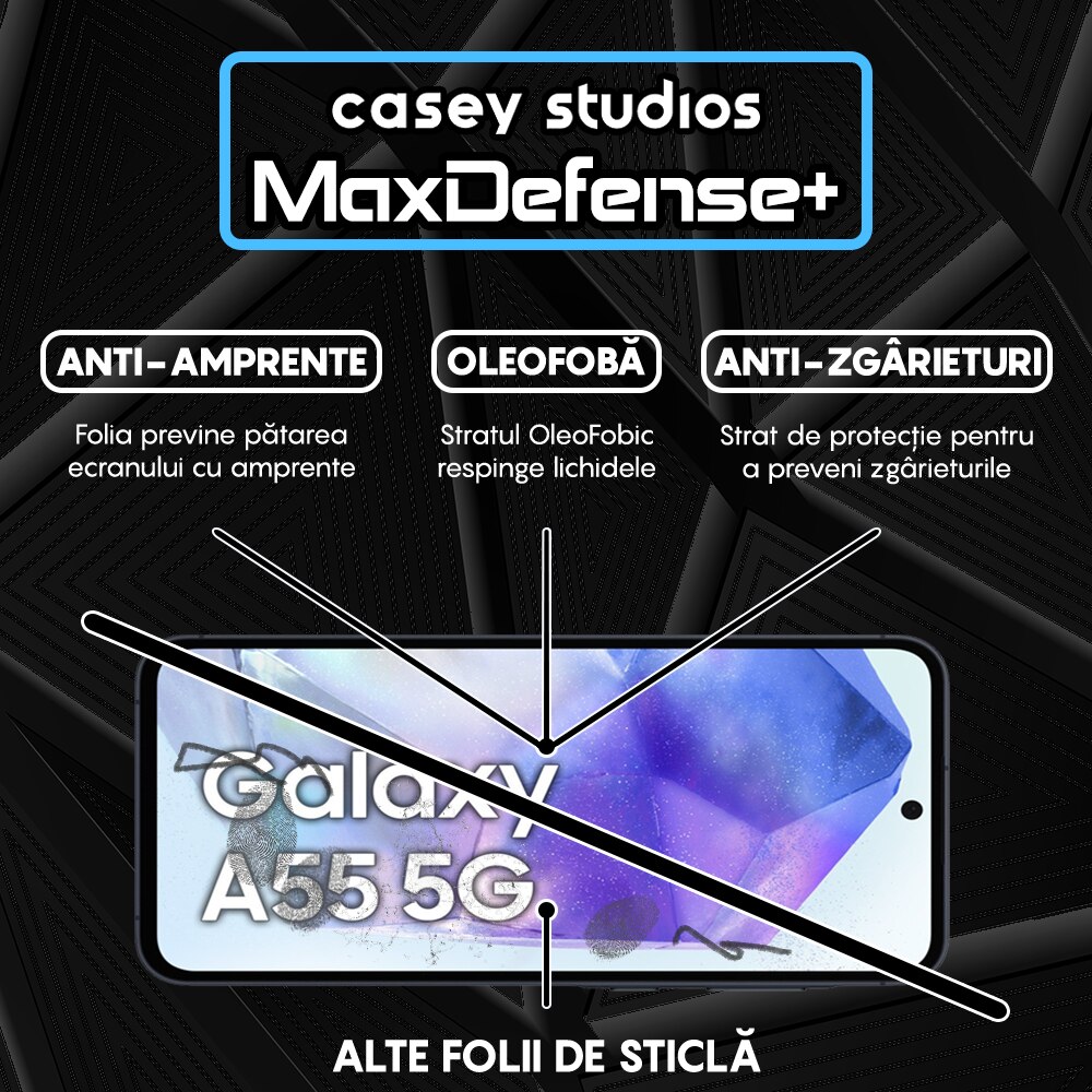 Folie Sticla CASEY STUDIOS™ compatibila cu Samsung Galaxy A35 / A55, MaxDefense+, Anti Zgarieturi, Full Glue, Full Cover 3D, Protectie Ecran 3D, Duritate Ridicata, Margini Negre