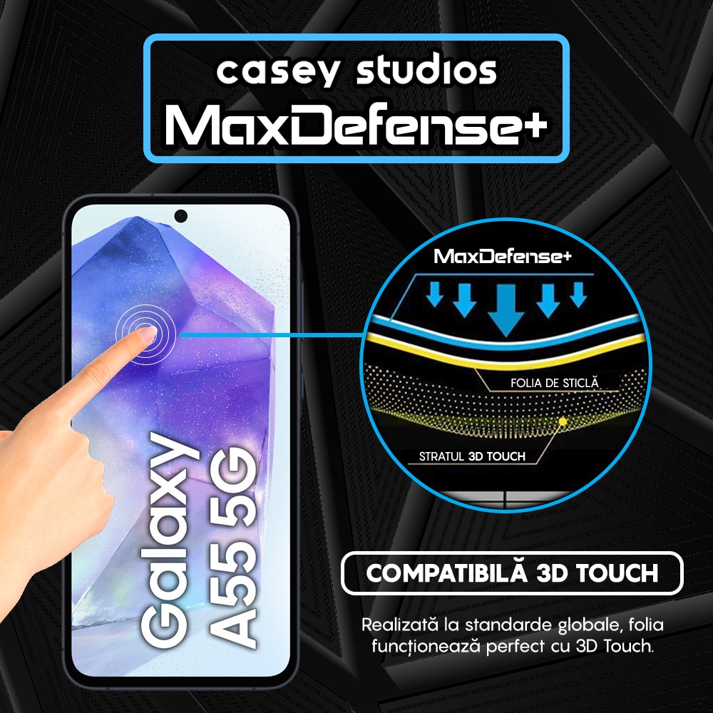 Folie Sticla CASEY STUDIOS™ compatibila cu Samsung Galaxy A35 / A55, MaxDefense+, Anti Zgarieturi, Full Glue, Full Cover 3D, Protectie Ecran 3D, Duritate Ridicata, Margini Negre