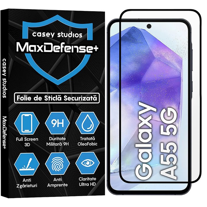 CAYSEY STUDIOS™ üvegfólia Samsung Galaxy A35 / A55-tel kompatibilis, MaxDefense+, karcálló, teljes ragasztó, teljes fedő 3D, 3D képernyővédelem, nagy keménység, fekete élek