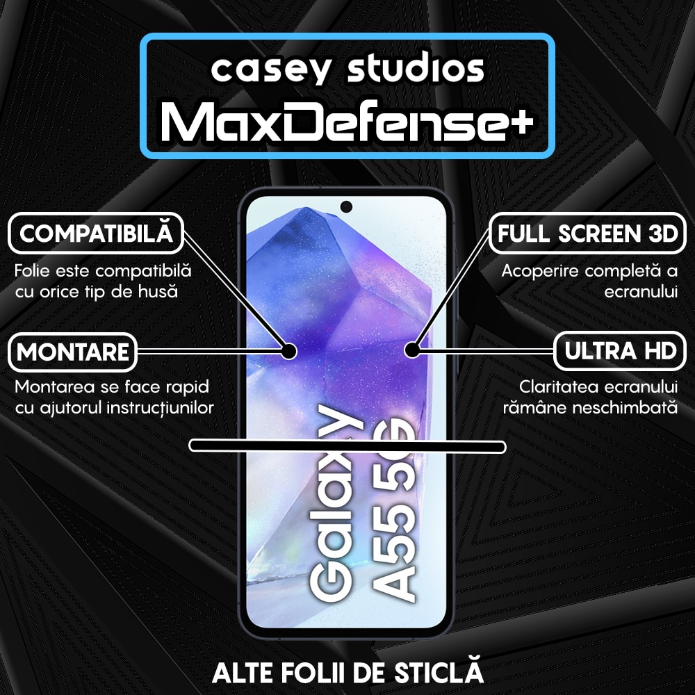 Folie Sticla CASEY STUDIOS™ compatibila cu Samsung Galaxy A35 / A55, MaxDefense+, Anti Zgarieturi, Full Glue, Full Cover 3D, Protectie Ecran 3D, Duritate Ridicata, Margini Negre