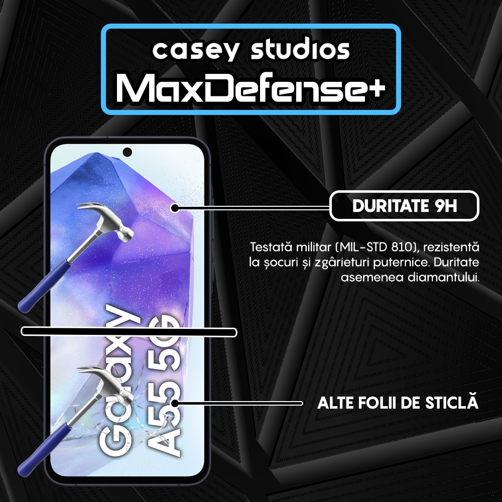 Folie Sticla CASEY STUDIOS™ compatibila cu Samsung Galaxy A35 / A55, MaxDefense+, Anti Zgarieturi, Full Glue, Full Cover 3D, Protectie Ecran 3D, Duritate Ridicata, Margini Negre