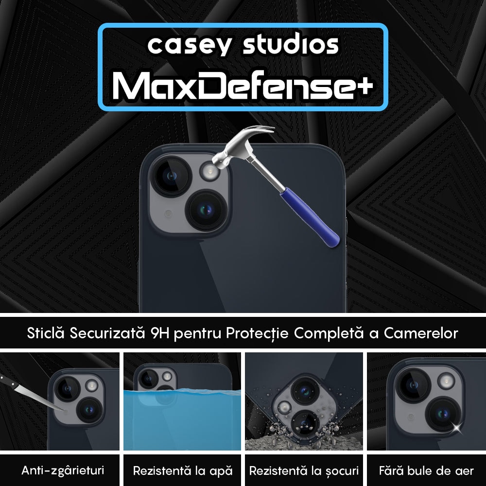 Set 2x Folie Sticla Camera compatibil cu iPhone 13 / 13 Mini, CASEY STUDIOS™ MaxDefense+, Protectie Securizata, Duritate 9H, Full Cover, Anti Zgarieturi, Ultra HD, Protectie Profesionala Camere 3D, Anti Zgarieturi, Anti Socuri
