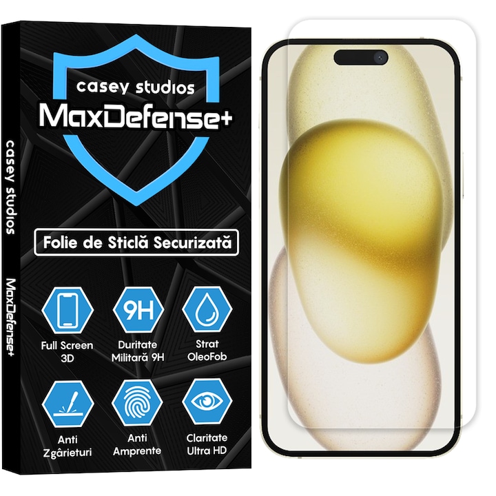 Folie Sticla CASEY STUDIOS™ compatibila cu iPhone 15 Plus, MaxDefense+, Anti Zgarieturi, Full Glue, Full Cover 3D, Protectie Ecran 3D, Duritate Ridicata