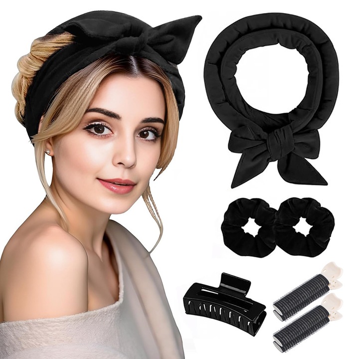 Ondulator de par fara caldura, pentru bucle naturale, Clesti par, 2 elastice, 2 clesti de ondulat, 6 buc, Negru