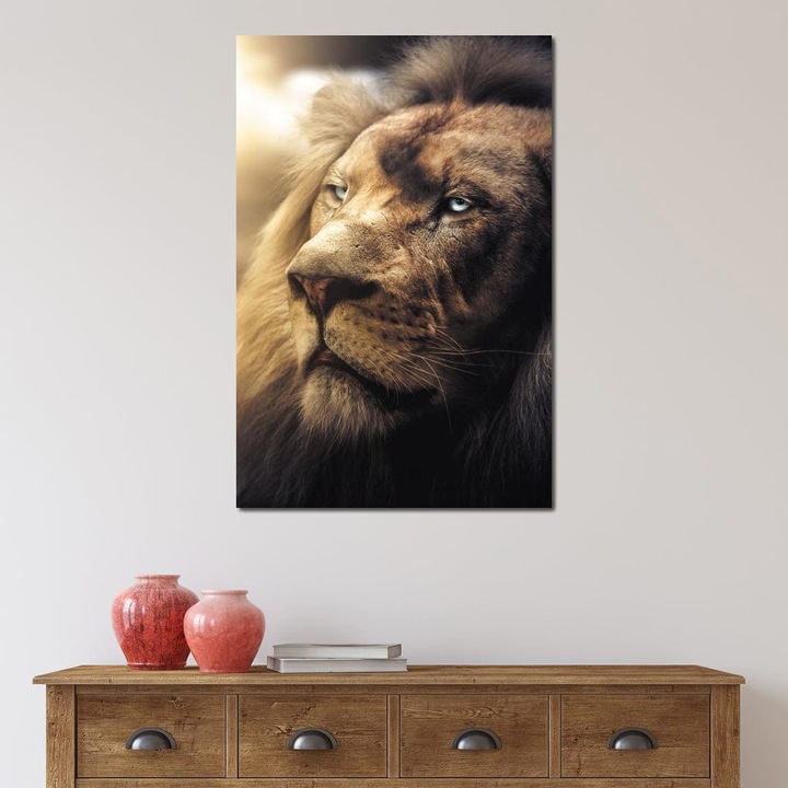 Премиум картина върху платно, LuxCanva® M1393, Леден поглед, 40 X 60 см, 100% памучно платно 400 г/м2, дървена рамка, реалистична, портрет, лице, джунгла, мистериозен, мислене, медитация, див, животно, лъв, офис, хол, детска стая