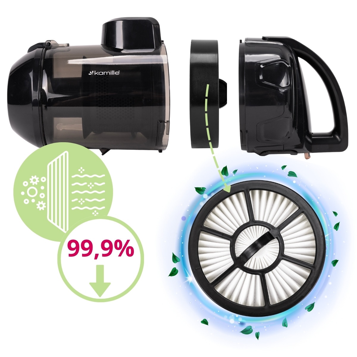 Aspirator cu Fir, Fara Sac KAMILLE, Puterea 800W, Accesorii, Filtru Hepa, Culoare Negru / Auriu