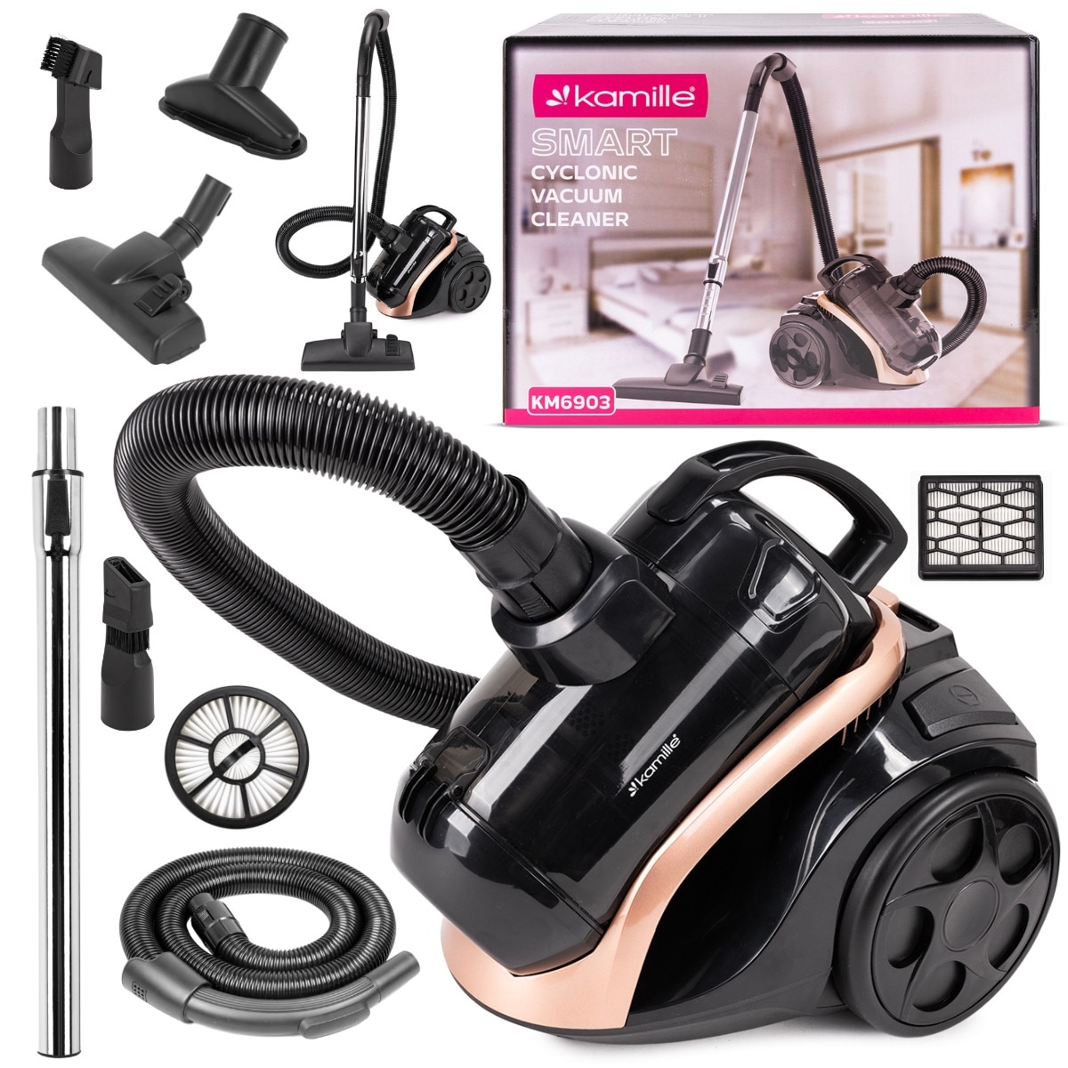 Aspirator cu Fir, Fara Sac KAMILLE, Puterea 800W, Accesorii, Filtru Hepa, Culoare Negru / Auriu