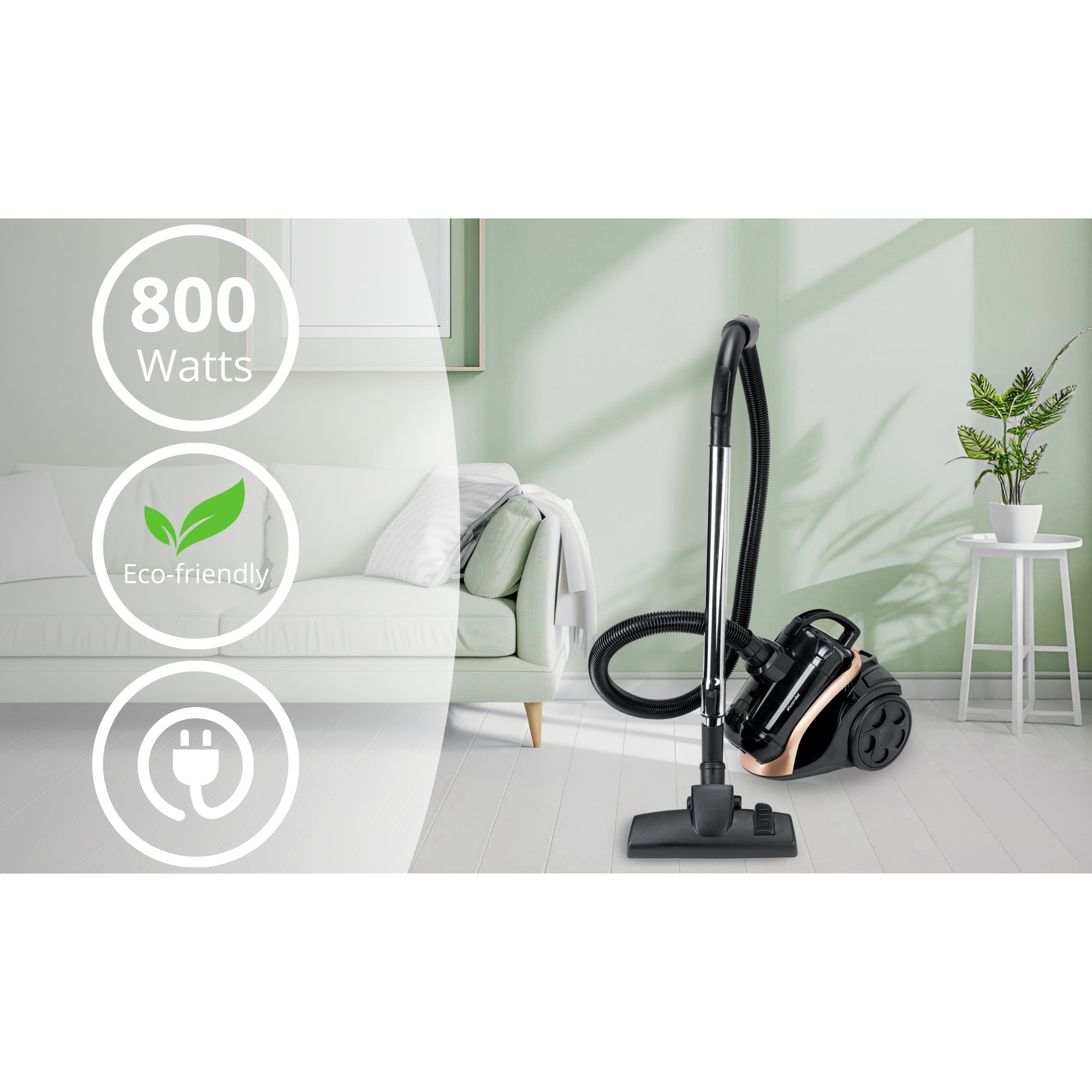 Aspirator cu Fir, Fara Sac KAMILLE, Puterea 800W, Accesorii, Filtru Hepa, Culoare Negru / Auriu
