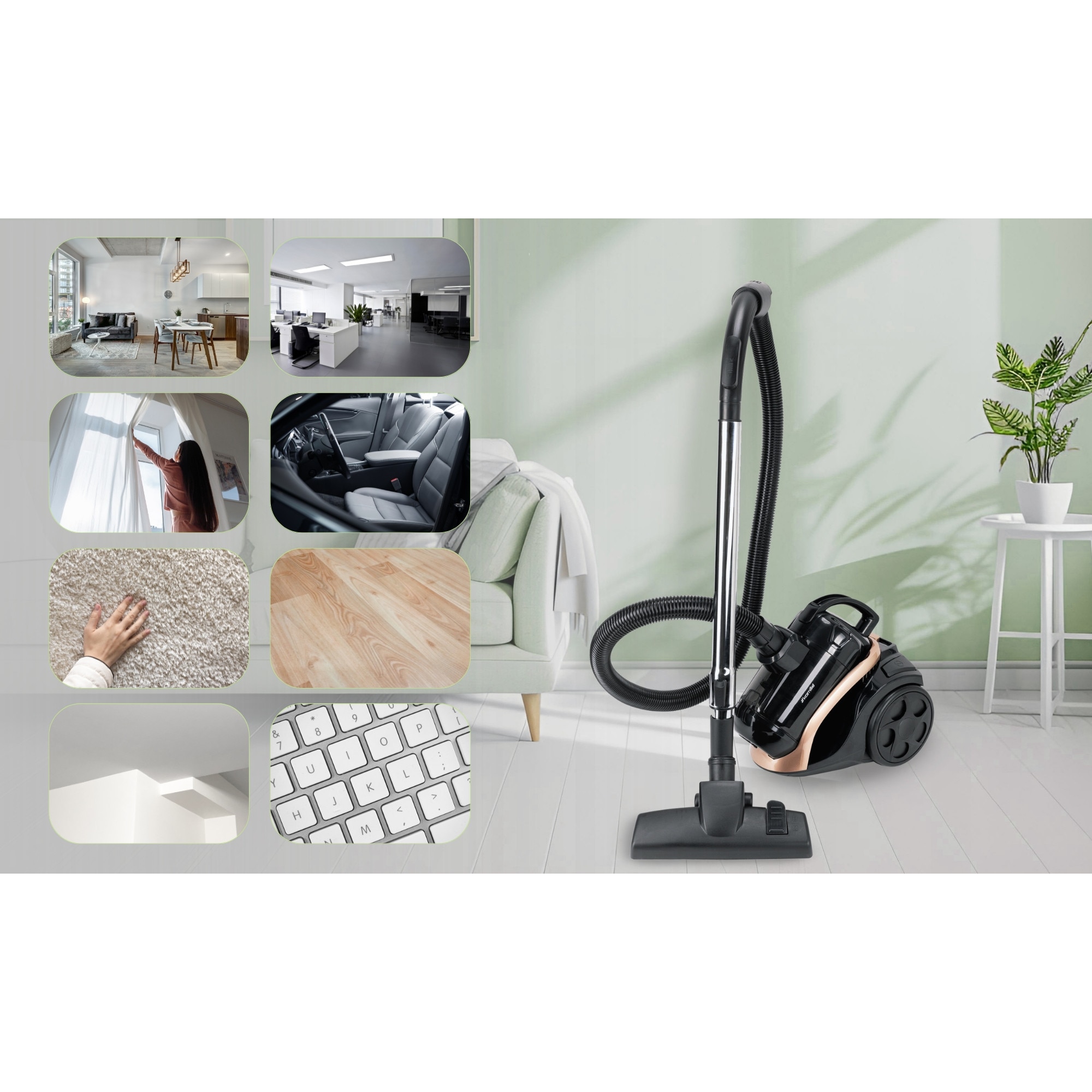 Aspirator cu Fir, Fara Sac KAMILLE, Puterea 800W, Accesorii, Filtru Hepa, Culoare Negru / Auriu