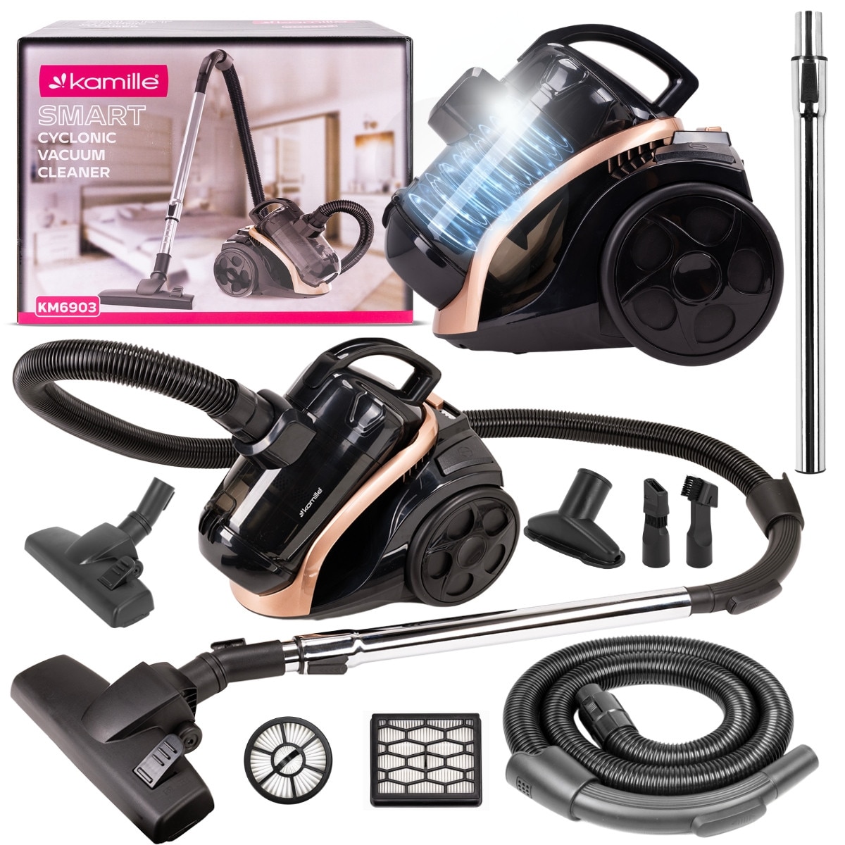 Aspirator cu Fir, Fara Sac KAMILLE, Puterea 800W, Accesorii, Filtru Hepa, Culoare Negru / Auriu