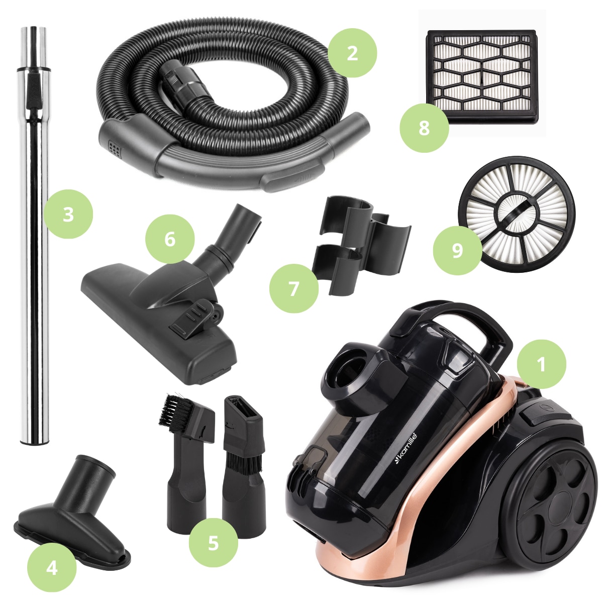 Aspirator cu Fir, Fara Sac KAMILLE, Puterea 800W, Accesorii, Filtru Hepa, Culoare Negru / Auriu
