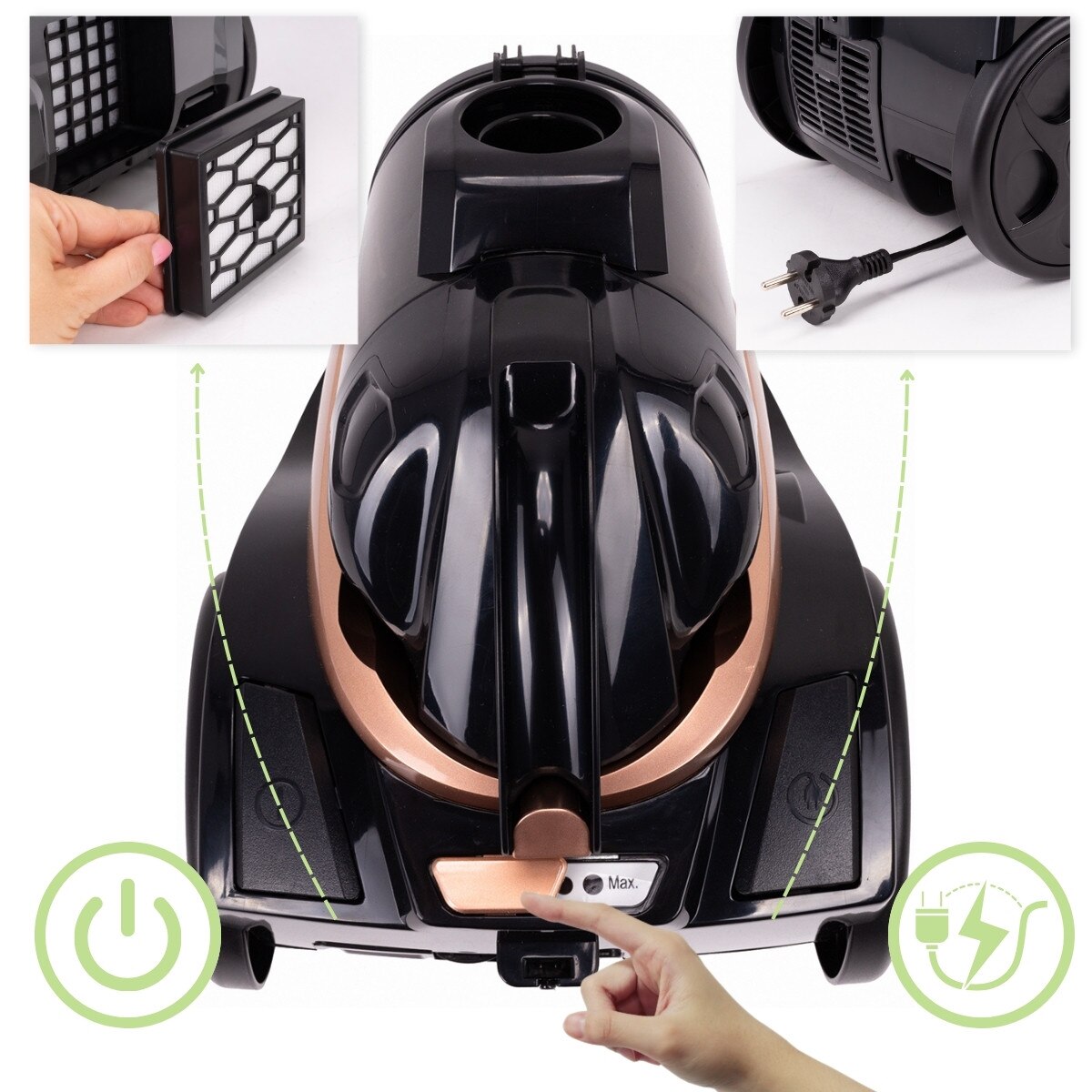 Aspirator cu Fir, Fara Sac KAMILLE, Puterea 800W, Accesorii, Filtru Hepa, Culoare Negru / Auriu
