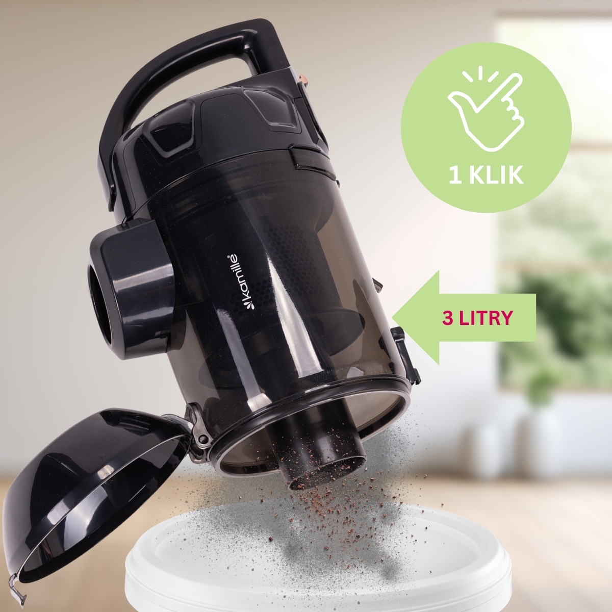 Aspirator cu Fir, Fara Sac KAMILLE, Puterea 800W, Accesorii, Filtru Hepa, Culoare Negru / Auriu