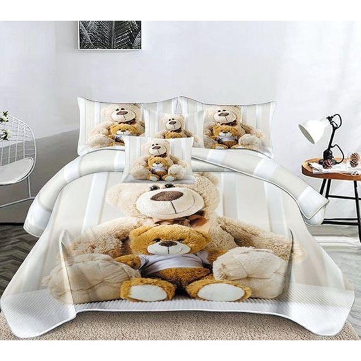 Set Lenjerie Premium din Bumbac tip Finet, 6 Piese, pentru Pat Dublu, Imprimeu Identic cu Imaginea de Prezentare, cu 4 Fete de Perna