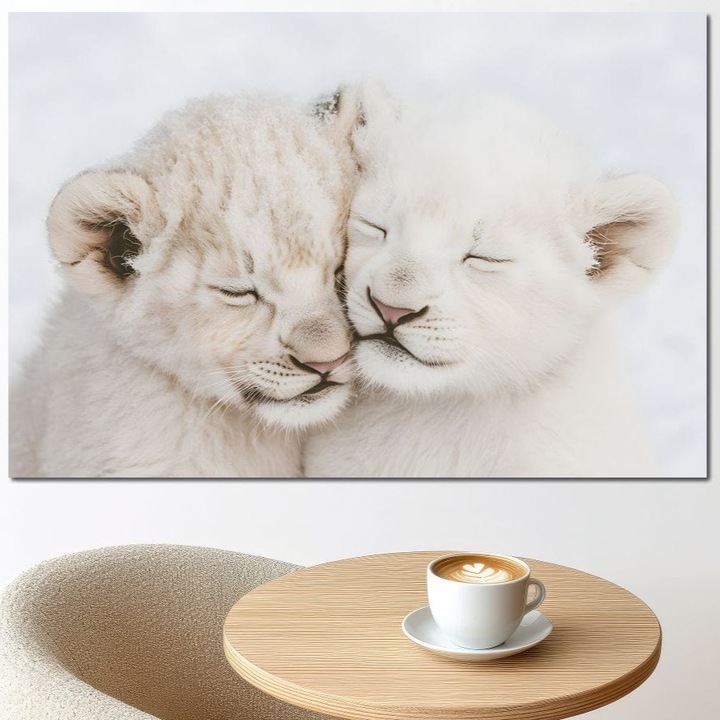 Tablou Canvas Premium, LuxCanva® M1395, Dulce Odihna, 100 X 150 CM, Panza Bumbac 100% 400g/m2, Sasiu Lemn, Pui, Lei, Frati, Somn, Inocenta, Puritate, Imbratisare, Vis, Pufos, Adorabil, Birou, Living, Camera Copil