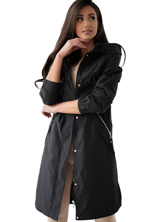 Trenci dama WIKTORIA negru, plus size, cu gluga, fermoar, captusit, 100% poliester, lungime pana la genunchi – ideal pentru sezonul de tranzitie 42