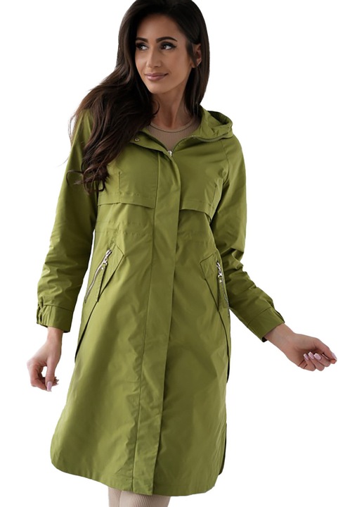 Trenci dama WIKTORIA verde, plus size, cu gluga, fermoar, captusit, 100% poliester, lungime pana la genunchi – ideal pentru sezonul de tranzitie 38