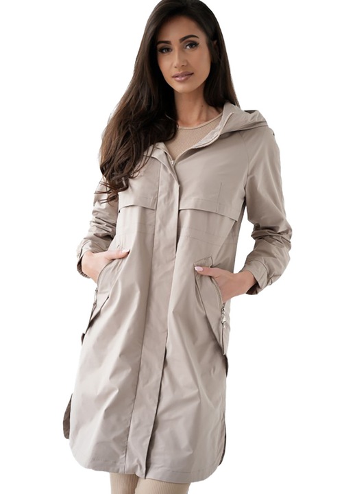 Trenci dama WIKTORIA bej nud, plus size, cu gluga, fermoar, captusit, 100% poliester, lungime pana la genunchi – ideal pentru sezonul de tranzitie 40