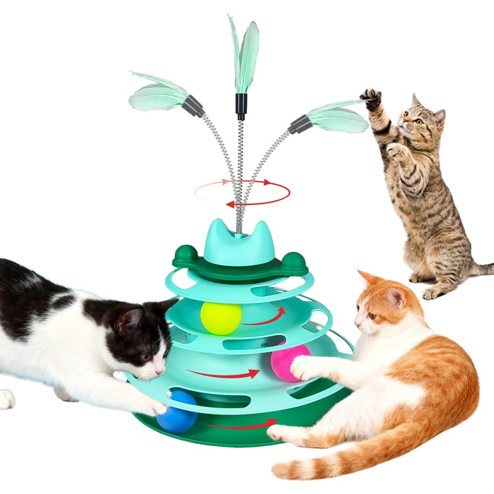 Interaktív macskajáték, FetchFurry, négysínű tálca, tollak