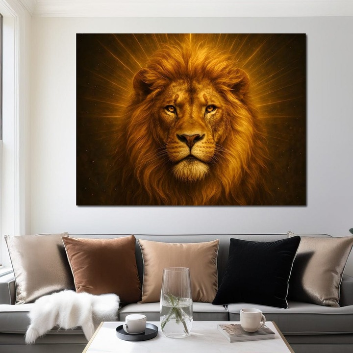 Премиум картина върху платно, LuxCanva® M1397, Слава на огъня, 75 X 100 см, 100% памучно платно 400 г/м2, дървена рамка, лека, сияйна, кралска, животинска, дива, величествена, благородна, лъв, портрет, абстрактна, офис, хол, детска стая
