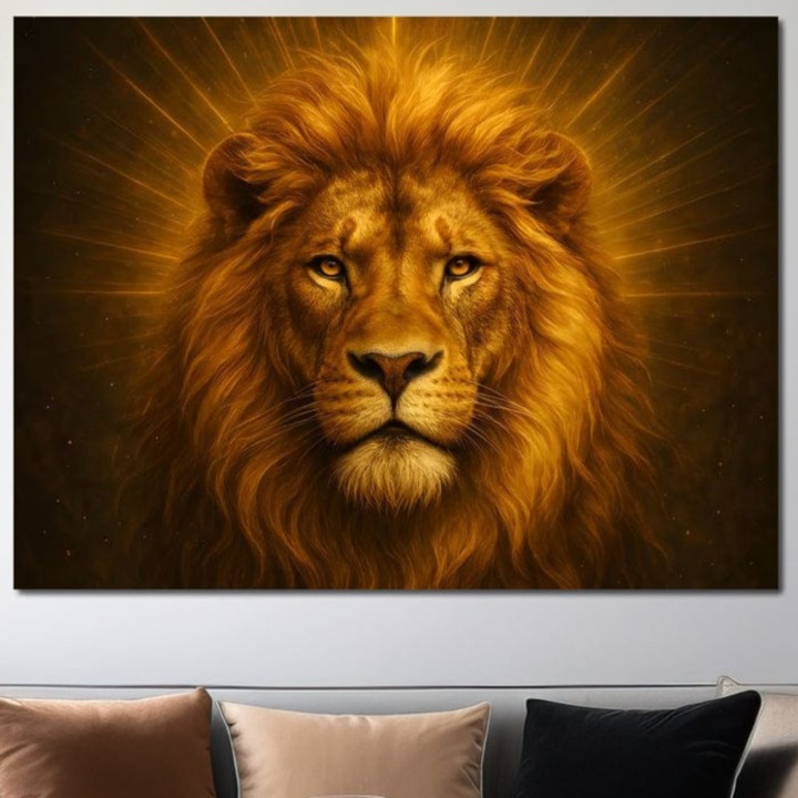Tablou Canvas Premium, LuxCanva® M1397, Glorie de Foc, 100 X 135 CM, Panza Bumbac 100% 400g/m2, Sasiu Lemn, Lumina, Radiant, Regal, Animal, Salbatic, Majestuos, Nobil, Leu, Portret, Abstract, Birou, Living, Camera Copil