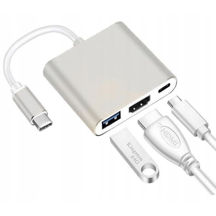 FOTOROB 3 az 1-ben USB-C (MHL) adapter/elosztó – HDMI 4K, USB 3.0, Power Delivery 100 W – kompatibilis MacBook, Samsung, Windows rendszerekkel