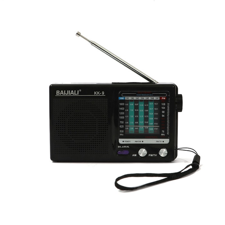 Hordozható rádió KK9, FM/AM/SW1-7, 2AA elemmel működő, Kézi hangoló és stabil jel, Beltéri, kültéri használatra, Vészhelyzeti használatra, Fejhallgató csatlakozó, Ajándék, Fekete