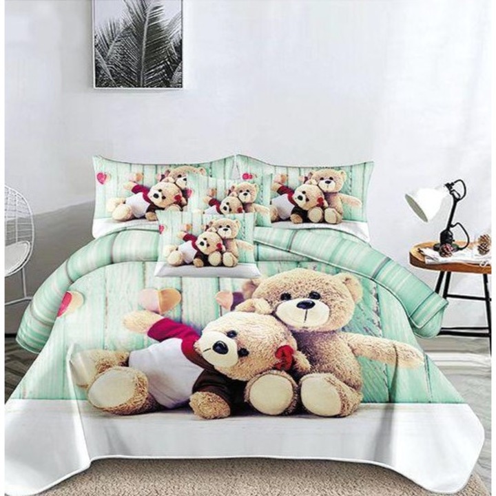 Set Lenjerie Premium din Bumbac tip Finet, 6 Piese, pentru Pat Dublu, Imprimeu Identic cu Imaginea de Prezentare, cu 4 Fete de Perna