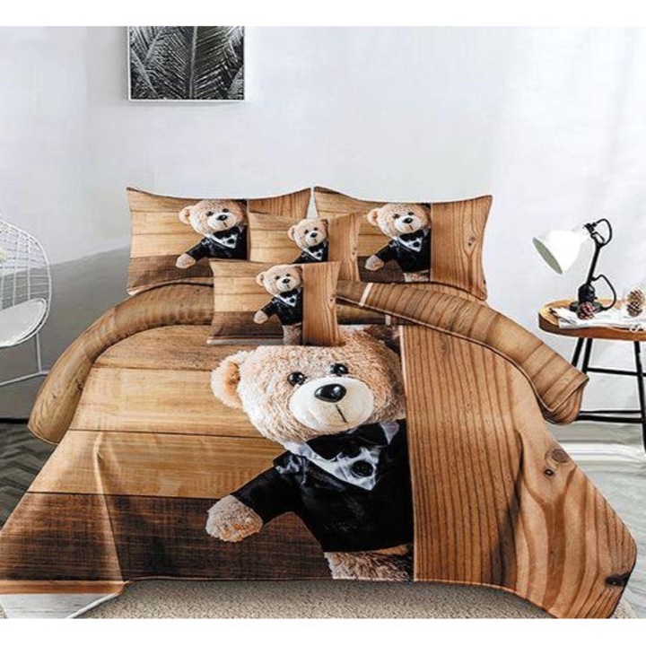 Set Lenjerie Premium din Bumbac tip Finet, 6 Piese, pentru Pat Dublu, Imprimeu Identic cu Imaginea de Prezentare, cu 4 Fete de Perna