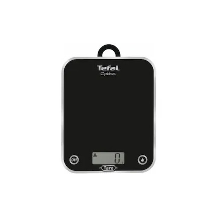 Кухненска везна Tefal Optiss - BC5005V0, 5 кг, закалено стъкло, функция тара, функция за претегляне на течности, точност 0.5 г, LCD дисплей, кука за окачване, черна