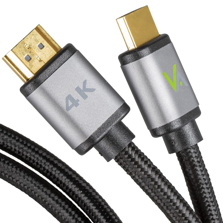 HDMI 2.0 кабел 1.5M Vayox VA0009, 4K Ultra HD, 4K 60Hz Full HD 144Hz, Съвместим с PS5 Xbox Series XS конзола, OLED телевизор, Златни краища, Памучна обвивка против заплитане, Черен