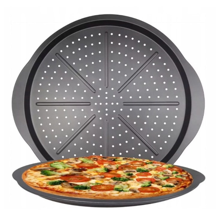 Tava de copt pentru pizza, tava, 34 cm, otel, antiaderent, crocanta base, margini groase, usor de utilizare, cu manere, 39 cm, 2 cm high, 05735, Multi-color