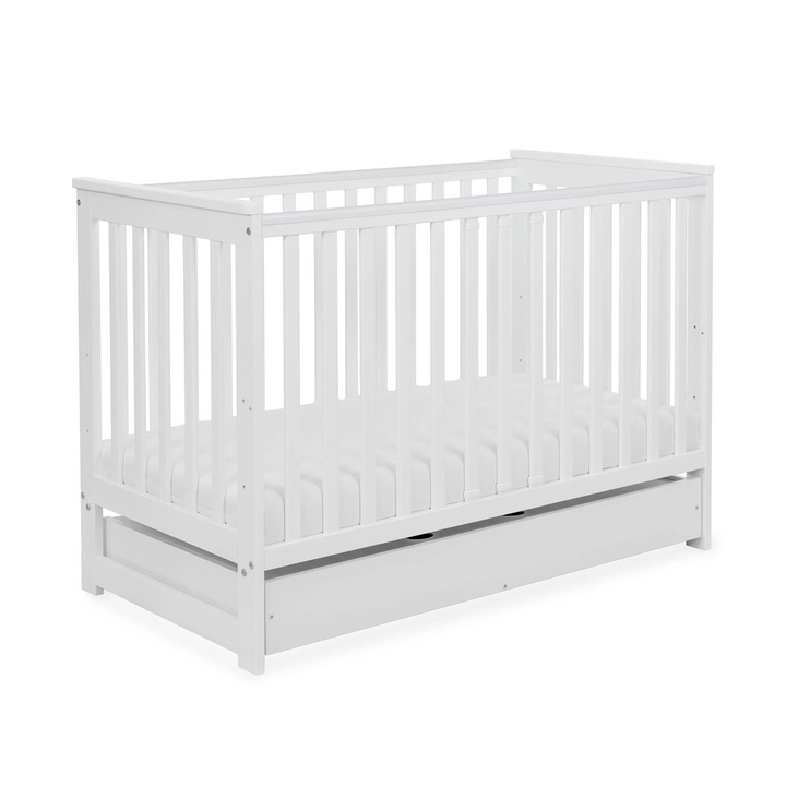 Бебешко легло, дървено, 120x60 см, със чекмедже, регулируемо, 3 нива, защитни калъфи, бяло, материал: борова дървесина, стабилно, безопасно, съгласно стандарт PN-EN 716-1, размери на чекмеджето: 114, 5 x 59 x 9, 5 см