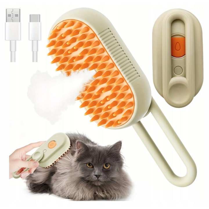 Perie de păr cu abur, Azaris, kaki/portocaliu, 19x6, 5x4, 5cm, set (perie și cablu USB)