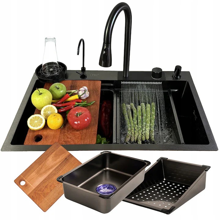 Chiuveta multifunctionala pentru bucatarie, accesorii incluse, Baterie cu dus retractabil, Tocator ABS, Afisaj LCD, Doua functii cascada, Spalator pahare, dozator detergent, Finisaj Gri Antracit