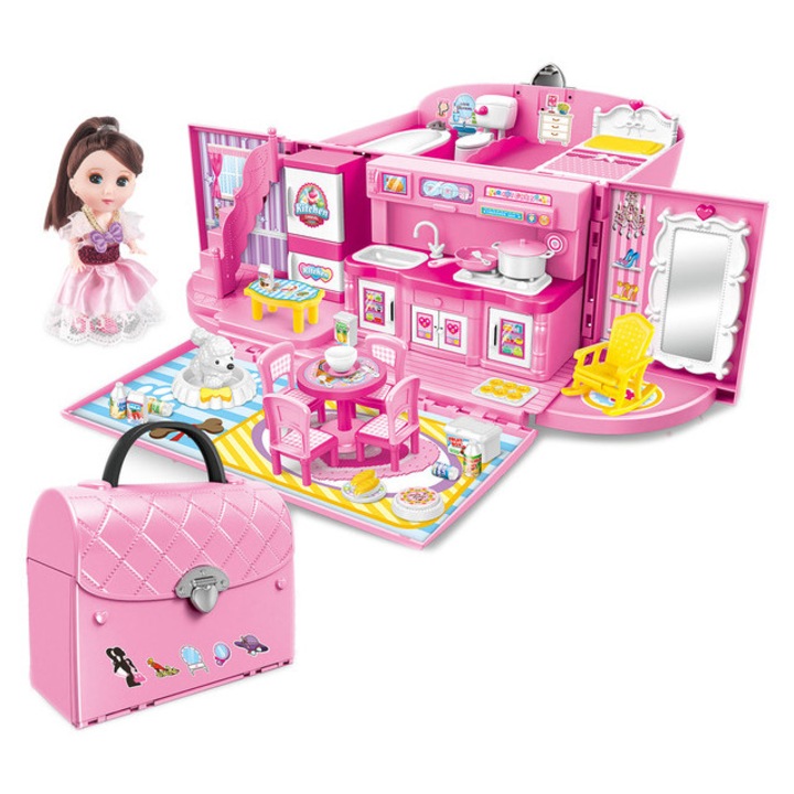 Casa de papusi in geanta mica, cu papusa si mobilier