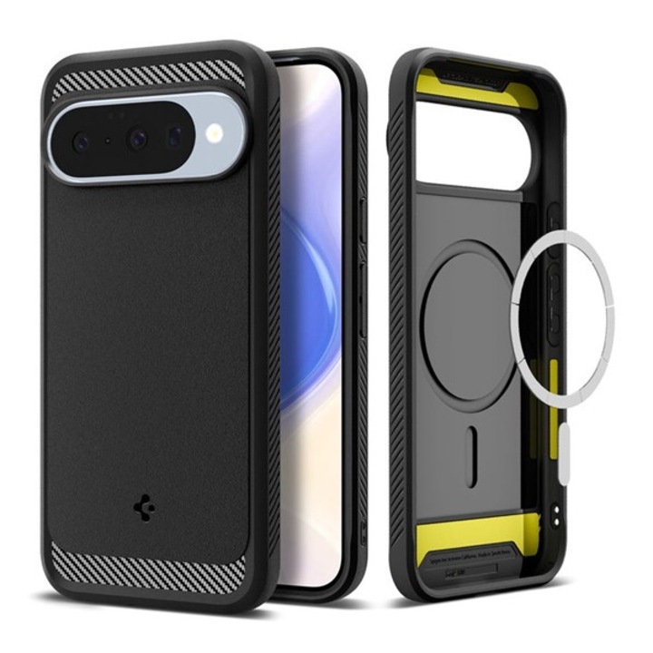 Spigen rugged armor szilikon mobiltelefon tok, ütésállóság, légpárnás sarok, karbon minta, magsafe, fekete, kompatibilis: Pixel 10 Pro / Pixel 10