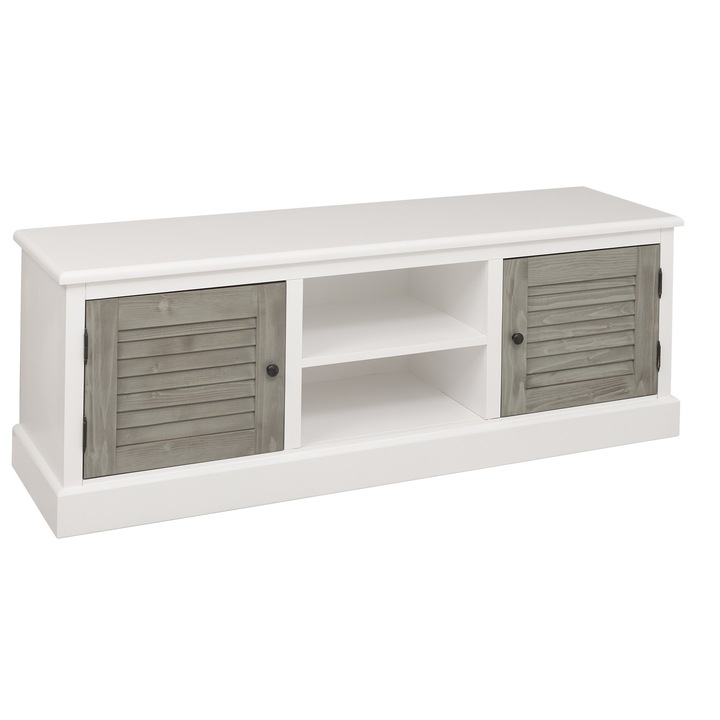 Comoda TV, Colectia Shutter, culoare corp alb P004, culoare usi gri P037, dublu color, 100% lemn masiv, 160x56x46 cm