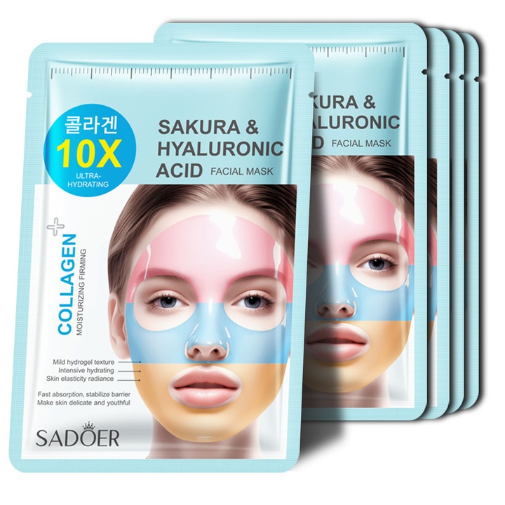 Masca de Fata Hidrogel de Colagen 3 Culori, Sakura & Acid Hialuronic, 5 bucati - Hidratare si Fermitate pentru Ingrijirii Zilnice a Tenului Feminin