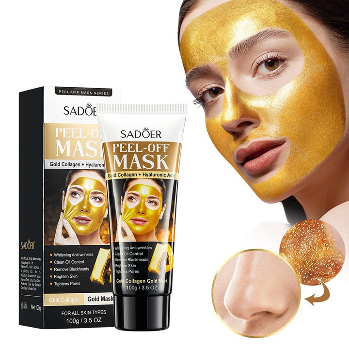 Masca de Fata Gold Collagen cu Decojire - Tratament Anti-Rid si Iluminare - Indeparteaza Punctele Negre, Strange Porii, Echilibreaza Sebul - cu Acid Hialuronic - Pentru Toate Tipurile de Ten