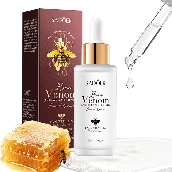 Serum Facial cu Venin de Albina cu efect Anti-Riduri si de Firmitate pentru Femei, cu Niacinamida si Acid Hialuronic - Hidratare, Reparare, Nutritie, Ridicare si Revitalizare a Tenului Matur, 50ml