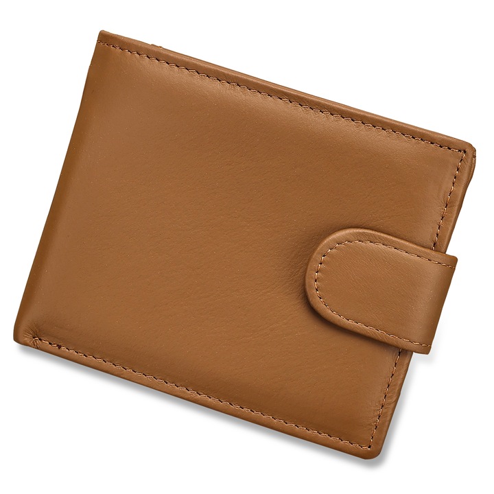 Класически портфейл Bifold за мъже от естествена кожа с портмоне - гладко кафяво, Телешка кожа от първи слой