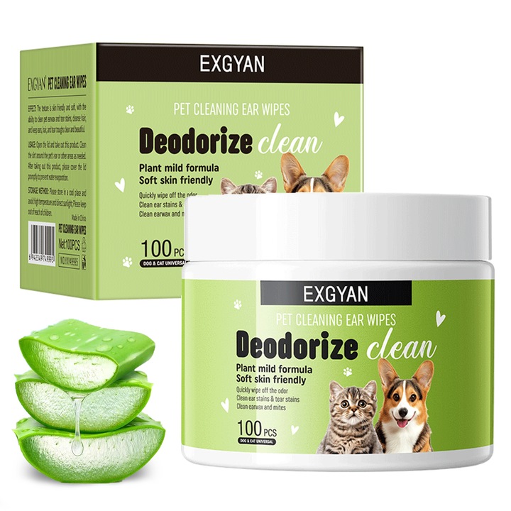Servetele Umede pentru Curatarea Urechilor la Caini si Pisici, 100 Bucati - Elimina Ceara si Mirosul Neplacut, Ideal si pentru Petele de la Ochii - cu Aloe Vera si Musetel