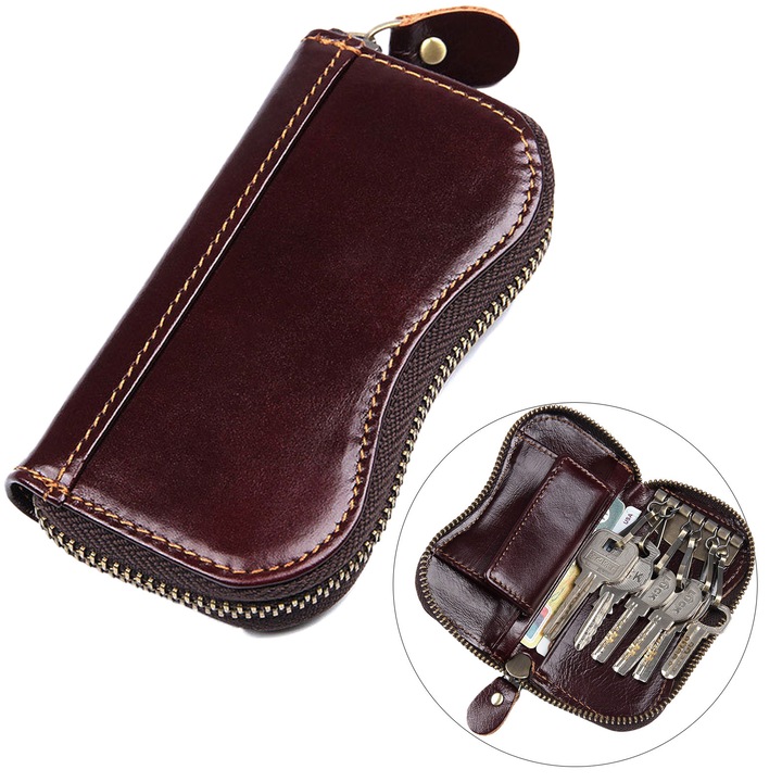 Portchei din Piele Naturala, Maro Vintage - Portmoneu Multifunctional cu 6 Carlige, 2 Compartimente Ascunse, Portmoneda pentru Bancnote si Monede, Cuseta Carduri - Organizator Compact, Unisex
